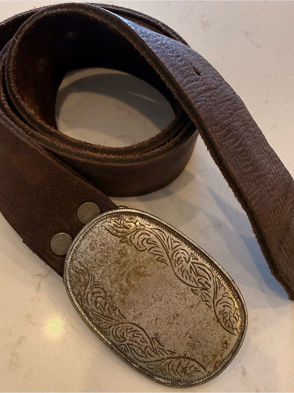 Women’s Roots Vintage Brown Leather Belt with Ornate Silver-Tone Buckle